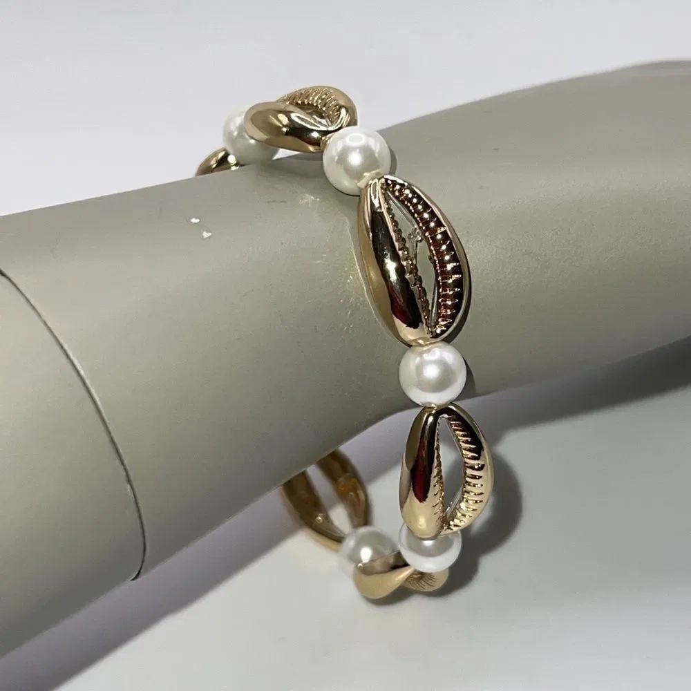 INC International Concepts Gold-Tone Shells & Imitation Pearl Stretchy Bracelet